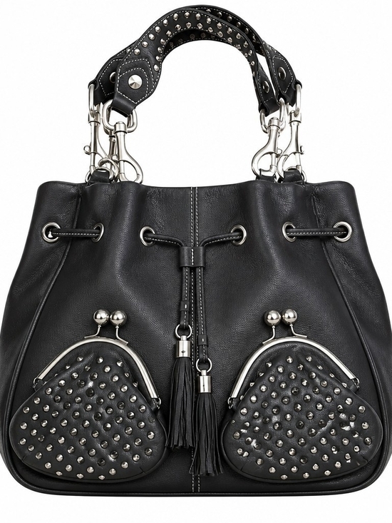 Betsey Johnson Handbags - Vtg Betsey Johnson Black Leather Studded Kiss Lock Hobo Bucket Bag Y2K Rare